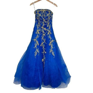 Royal Blue Gold Tulle Strapless Ball Gown Princess Bling Regency Prom Size 2‎